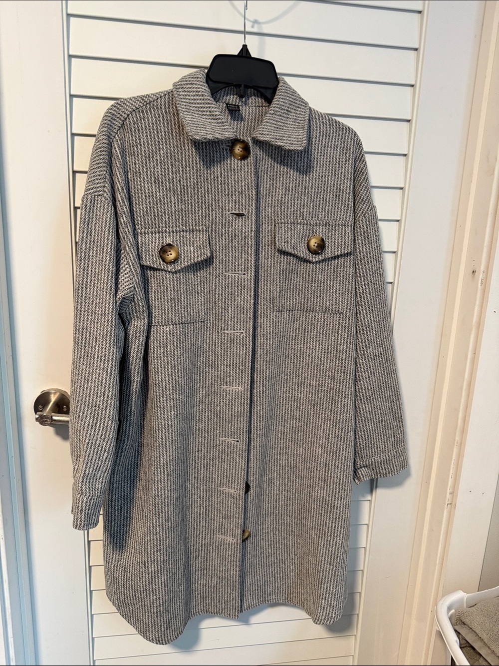 SHEIN Gray Ribbed Button-Front Long Coat